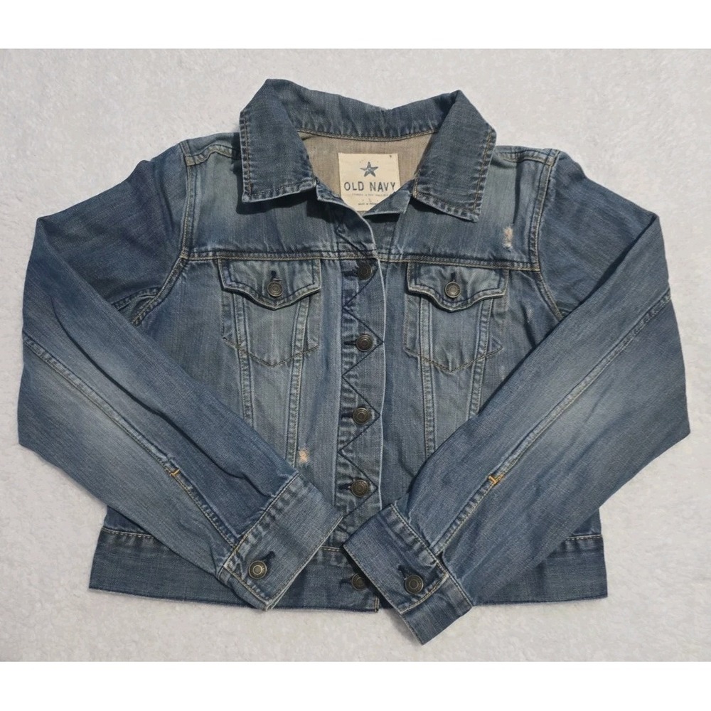 Old Navy Women's Distressed Blue Denim Jean Jacket Size Large